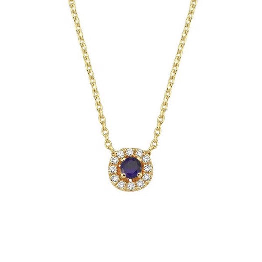 Sofia halskæde fra Nuran i 14 kt guld med rund blå safir og diamanter på 0,06 ct – justerbar ankerkæde 42-45 cm.